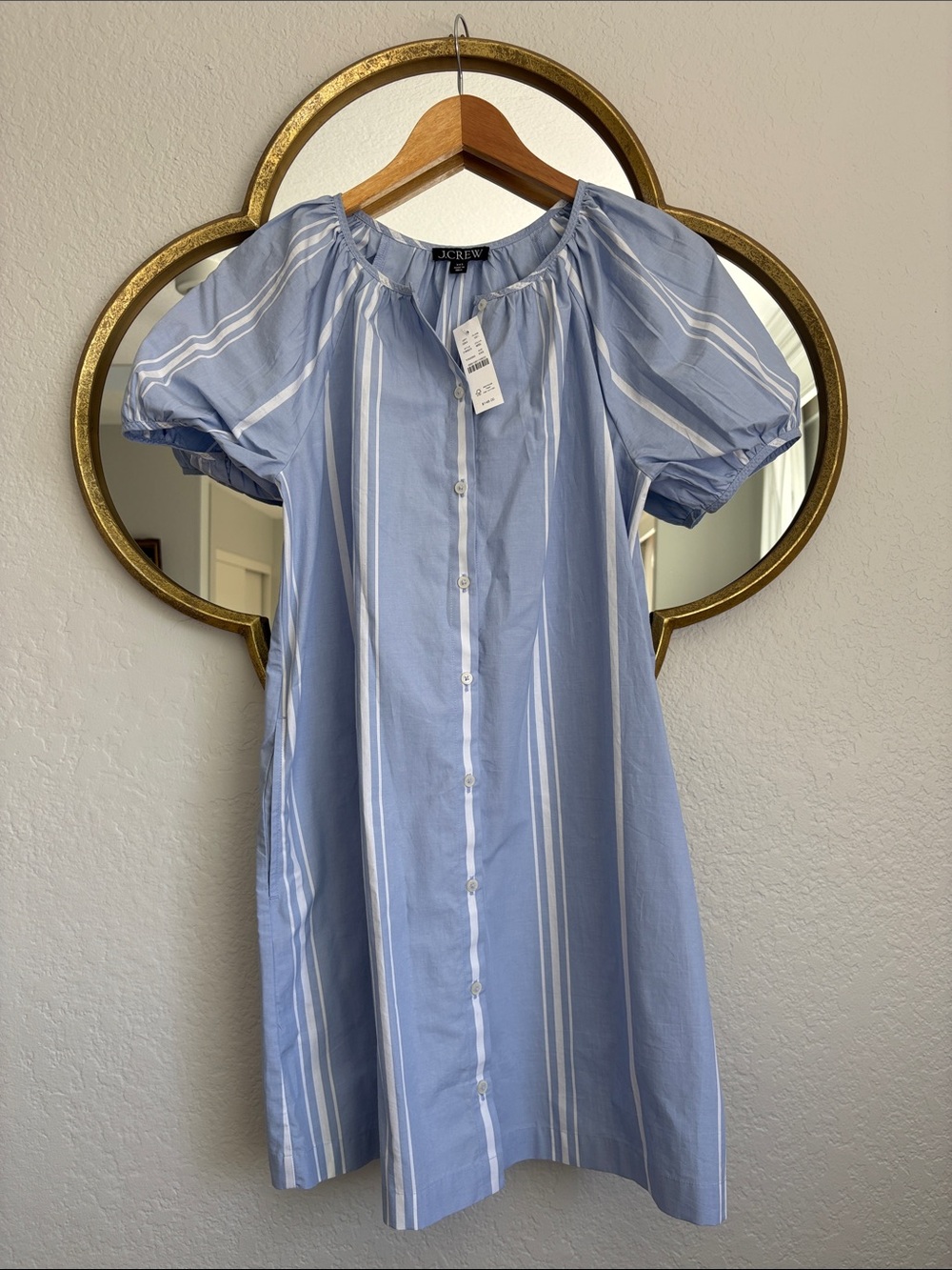 J. Crew Blue and White Striped Button-Front Puff Sleeve Dress